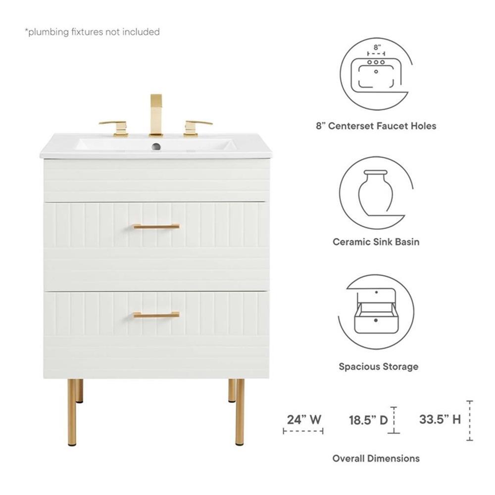 Modway Daybreak 24″ Modern Wood/Ceramic Bathroom Vanity with Gold Legs in White