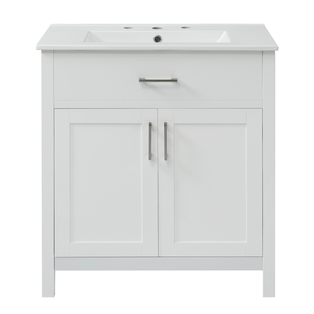 30″ Bathroom Vanity Ceramic Sink Soft Close 2 Door Drawer Silver Storage Cabinet