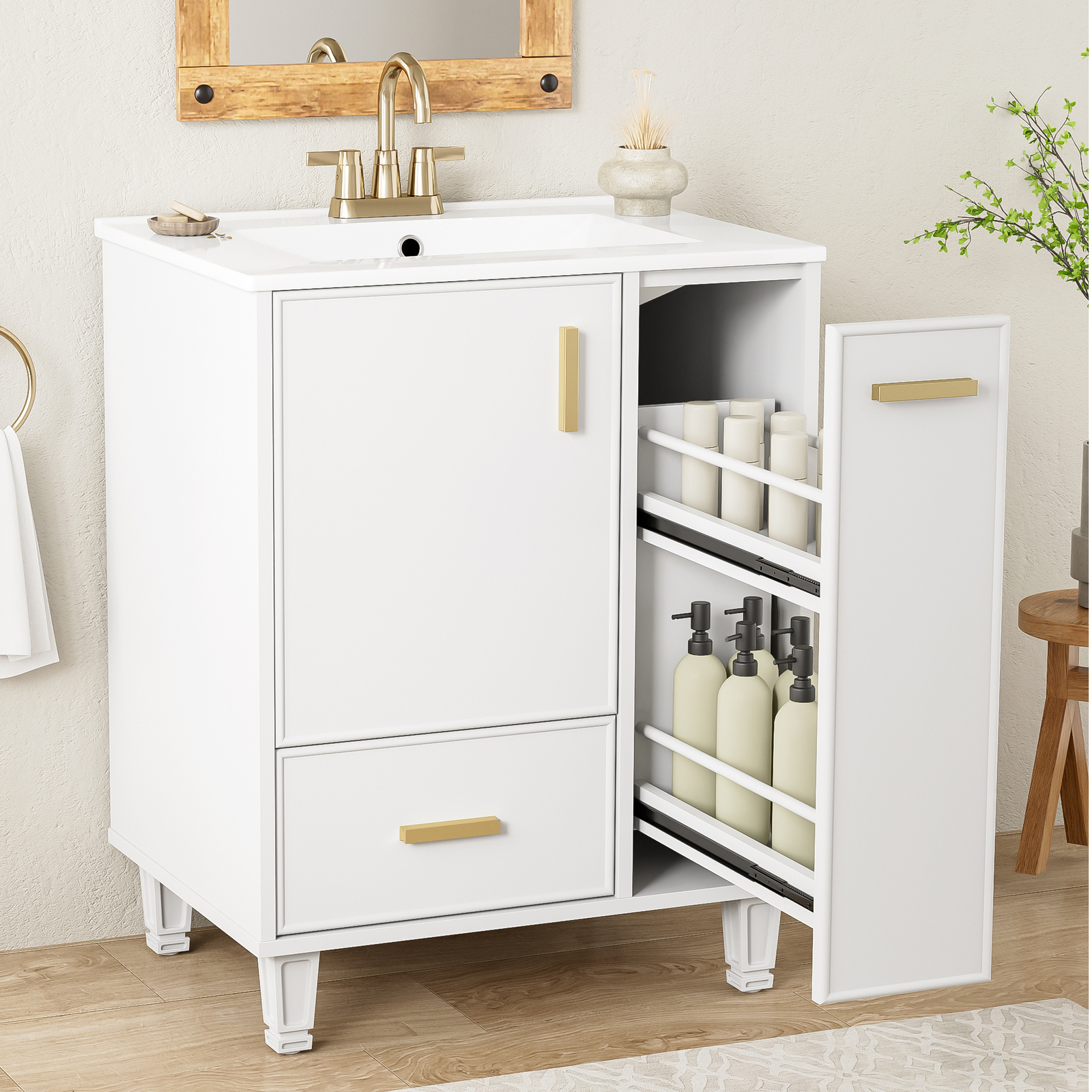 24″ Bathroom Vanity w/Ceramic Sink And Storage Cabinet Drawers Solid Wood Frame