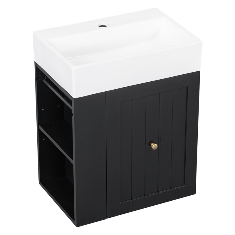 20″ Bathroom Vanity w/Ceramic Sink Black Storage Cabinet with Drawer,Side Shelf