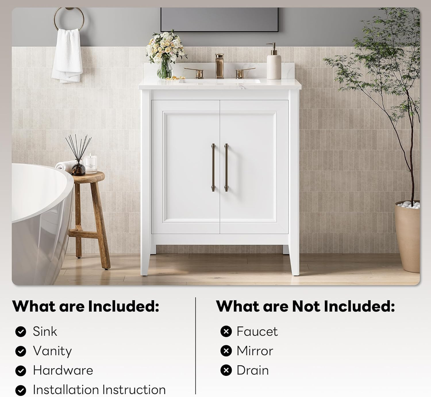 30″ Modern Bathroom Vanity with Sink, Soft-Close Doors & Engineered Stone Top