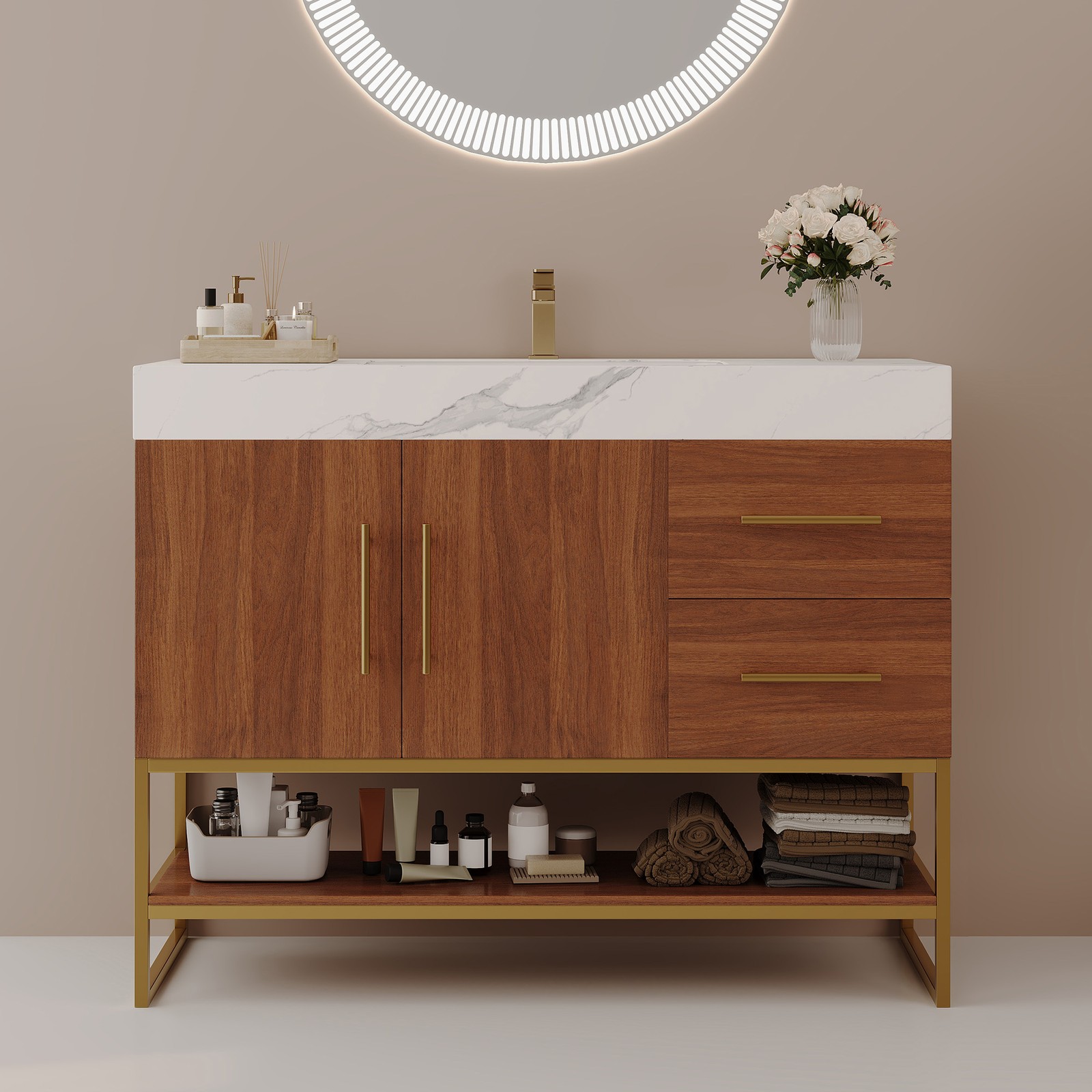 36″ Bathroom Vanity with Ceramic Sink & Stone Top, Gold Walnut White