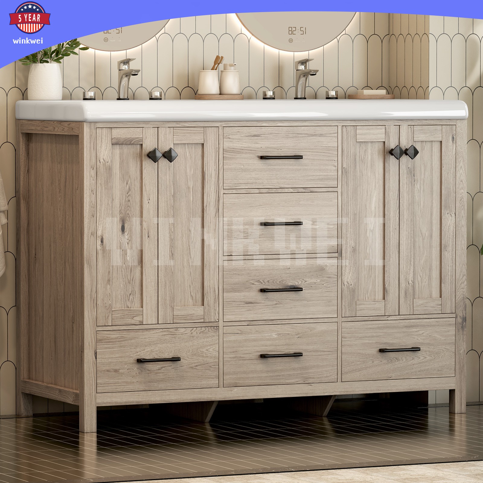 47.3″ Grey Bathroom Vanity Vanity Top Double Sink Ceramic 5 Drawer Freestanding