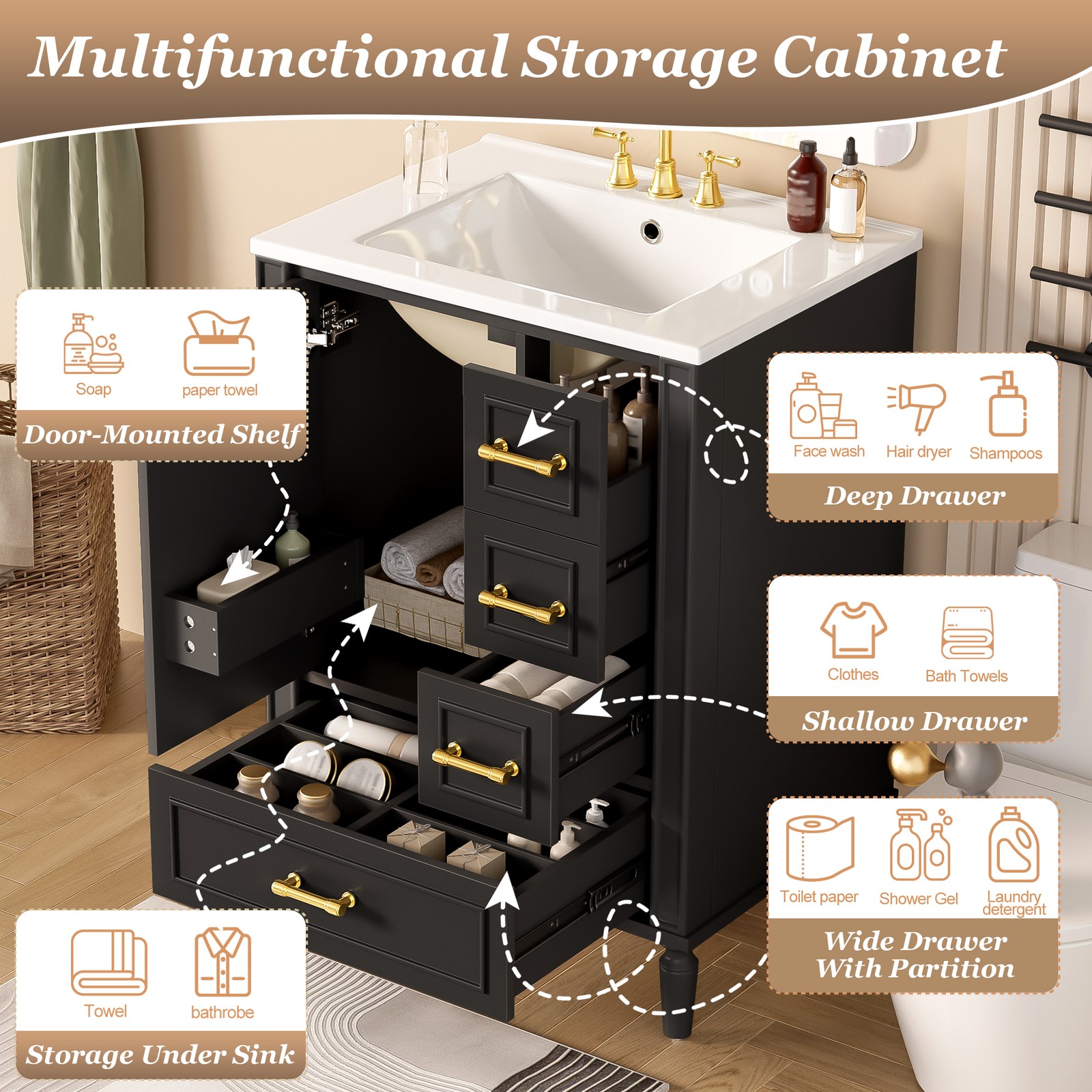 24″ Bathroom Vanity Set Floor Standing Bathroom Storage Cabinet w/Three Drawers