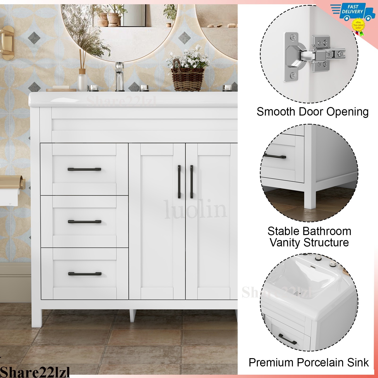 47″ Bathroom Vanity Cabinet White Freestanding Drawers with Double Sink Ceramic