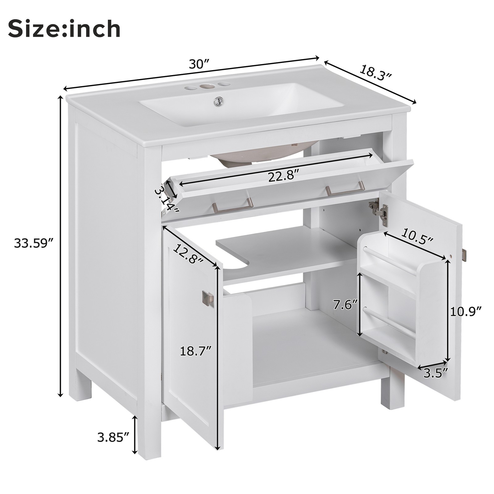 30-inch Bathroom Vanity with Ceramic Sink, Modern White Single Bathroom Cabinet