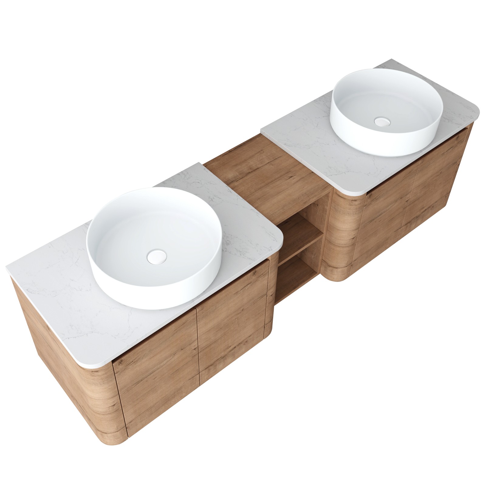 72” Wall-Mounted Bathroom Vanity Double Ceramic White Vessel Sink 4 Doors Wood