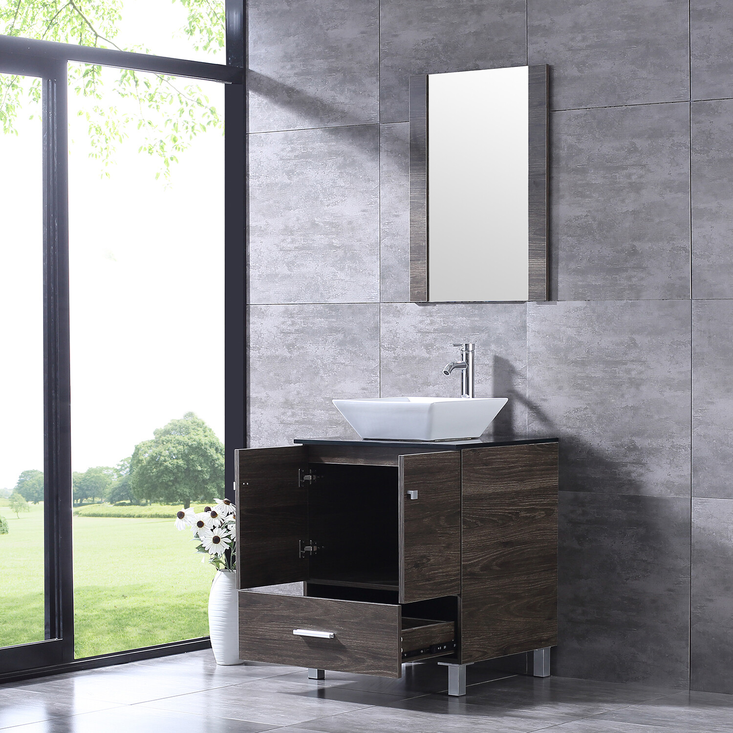 24″Bathroom Vanity Wood Cabinet White Ceramic Sink Bowl Basin Brown Mirror Combo