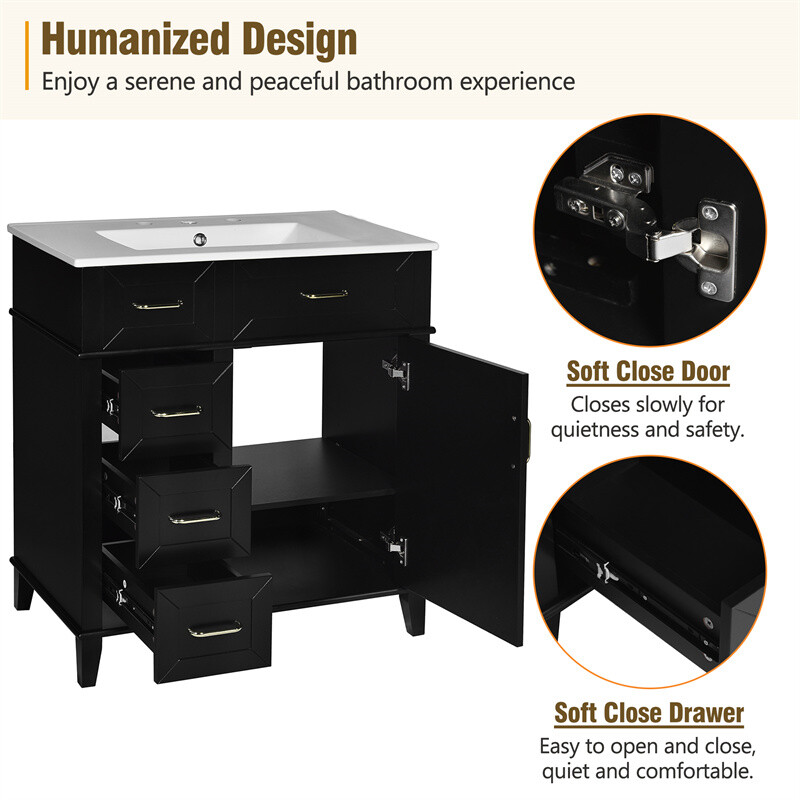 30″ Black Bathroom Vanity with Ceramic Sink,Adjustable Shelf & 3 Storage Drawer
