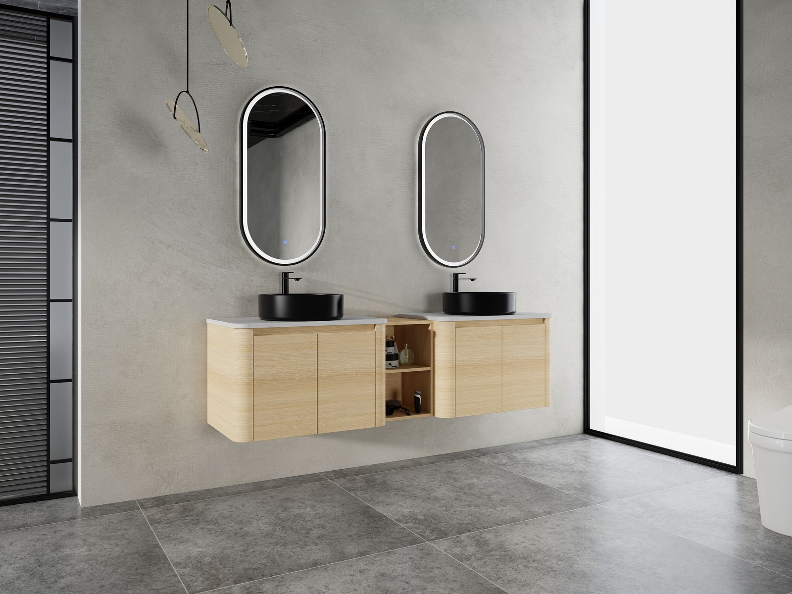 72″ Floating Bathroom Vanity W/ 2 Black Ceramic Sink Stone Slab Top+Open Shelves