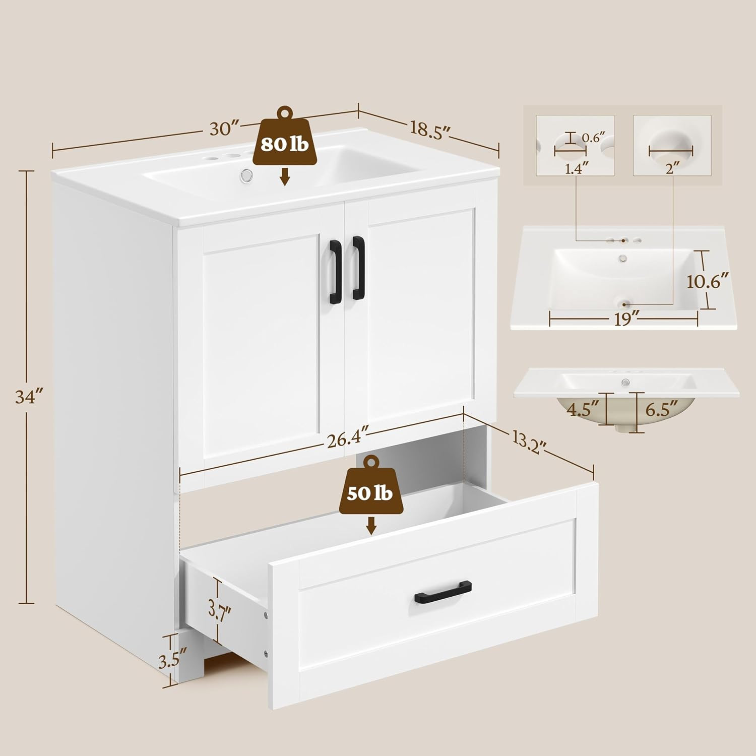 Yaheetech 30″ Bathroom Vanity with Ceramic Basin, Freestanding Bathroom Storage