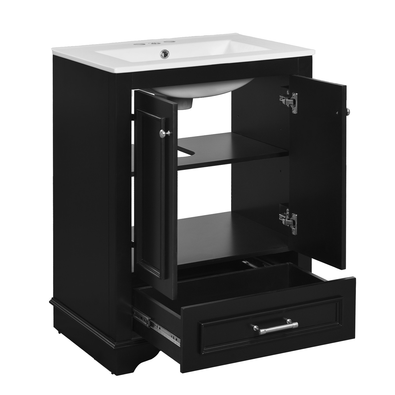 24″ Bathroom Vanity With Ceramic Sink Storage Cabinet Drawer Soft-Closing Doors