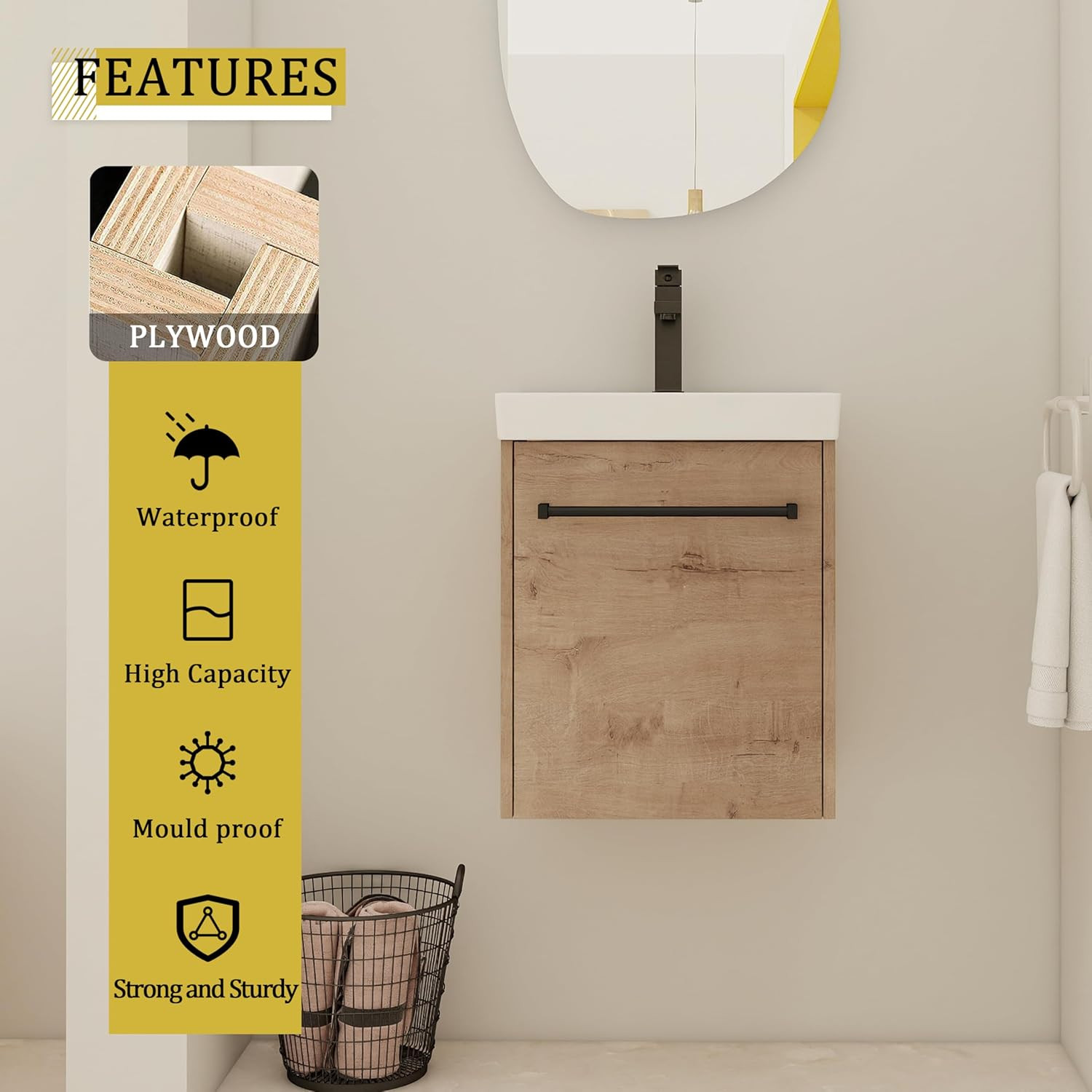 Compact 18” Floating Bathroom Vanity Cabinet with Sink – Imitative Oak Finish