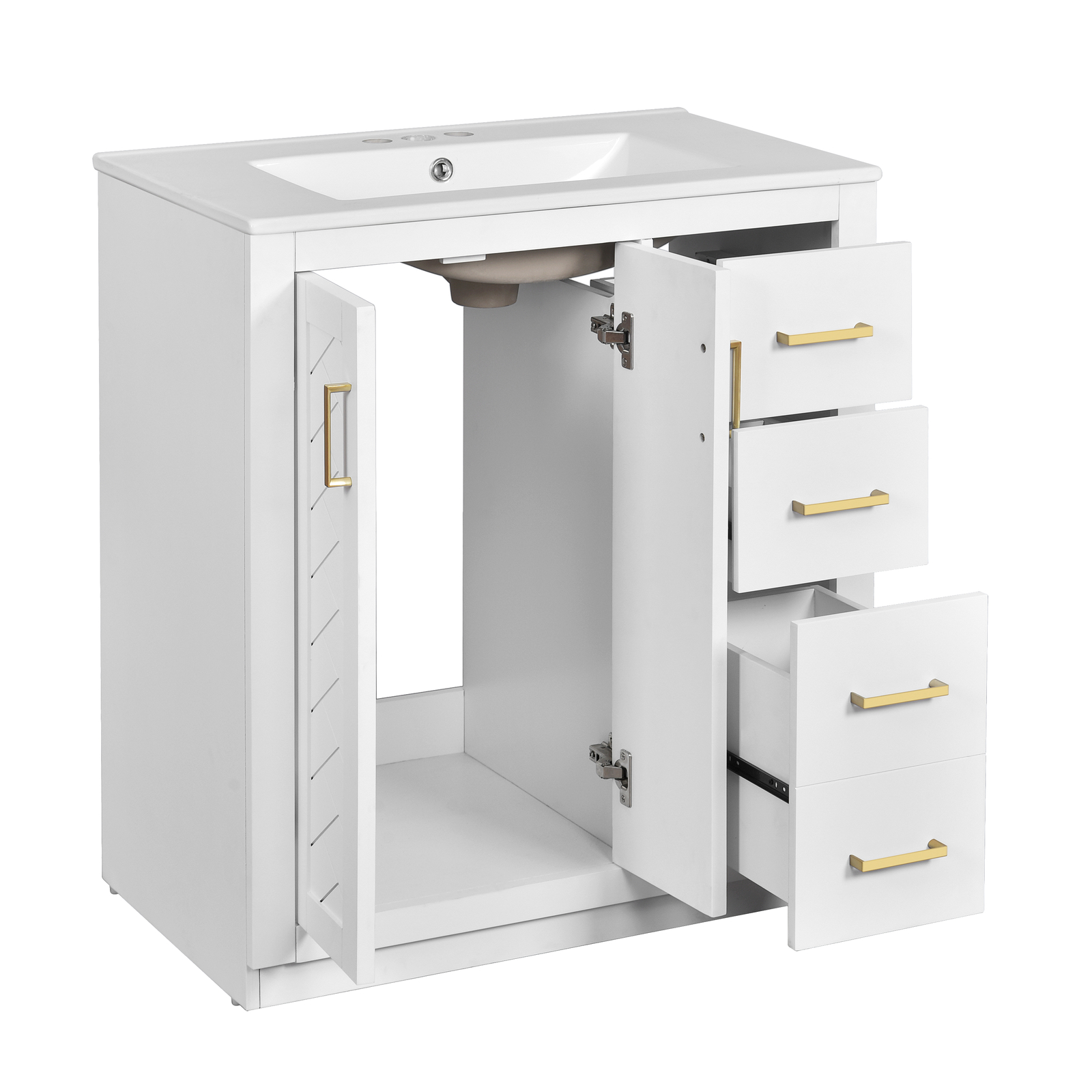 30” Freestanding Bathroom Vanity with Ceramic Sink 2 Doors and 3 Drawers White