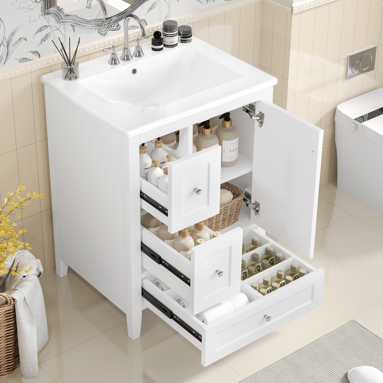24″ Bathroom Vanity w/Storage, Adjustable Shelf Modern Bathroom Storage Cabinet