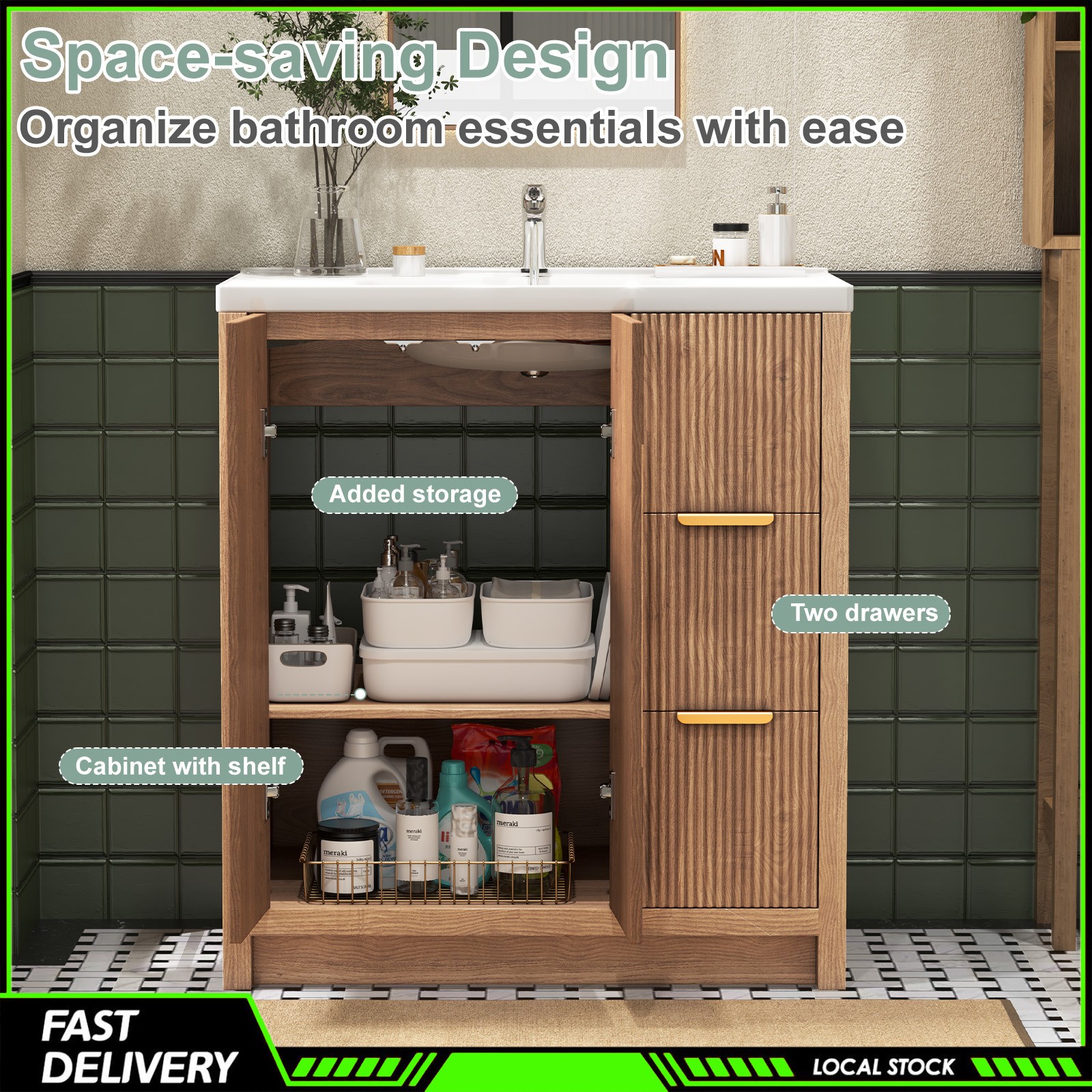 31″ Storage Cabinet Ceramic Sink Bathroom Vanity W/ Drawers Bathroom Cabinet Set