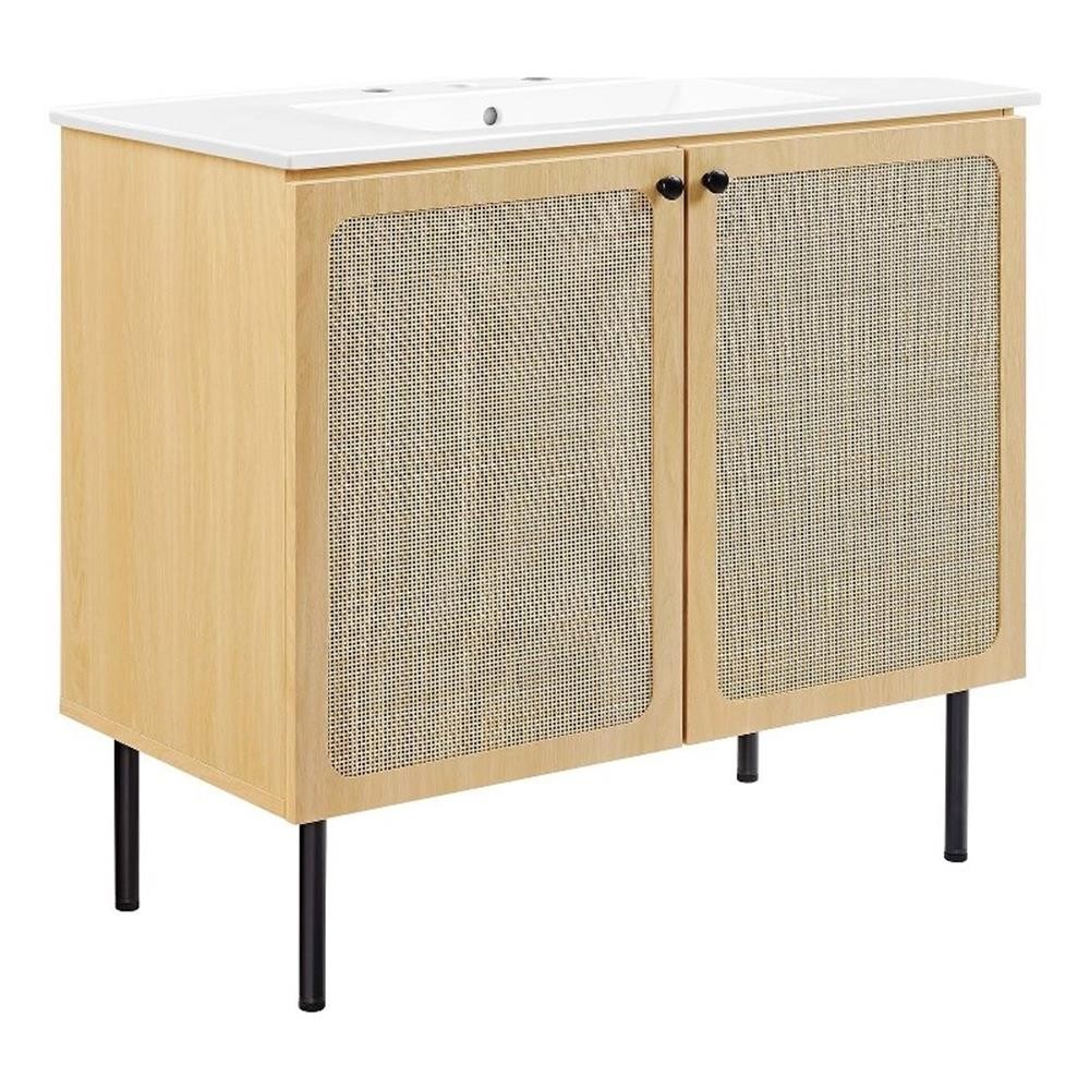 Pemberly Row Contemporary 36″ Wood & Rattan Bathroom Vanity in Oak/White
