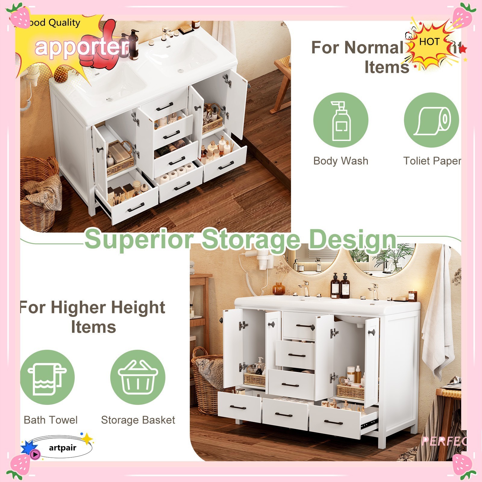 Yamissi Freestanding Bathroom Cabinet 47” with 5Drawers and Cabinet Double-Sink