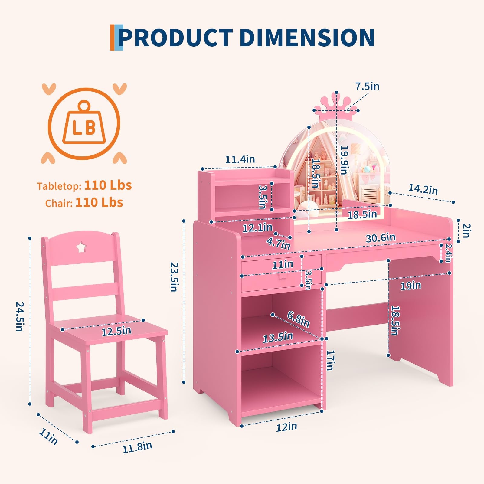 Kids Vanity with Lights 2-in-1 Princess Makeup Table Chair Set Bookshelf Pink