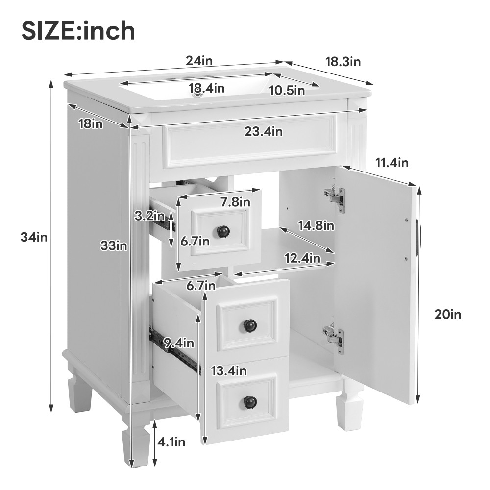Bathroom vanity W ceramic sink Features two drawers Includes adjustable shelves