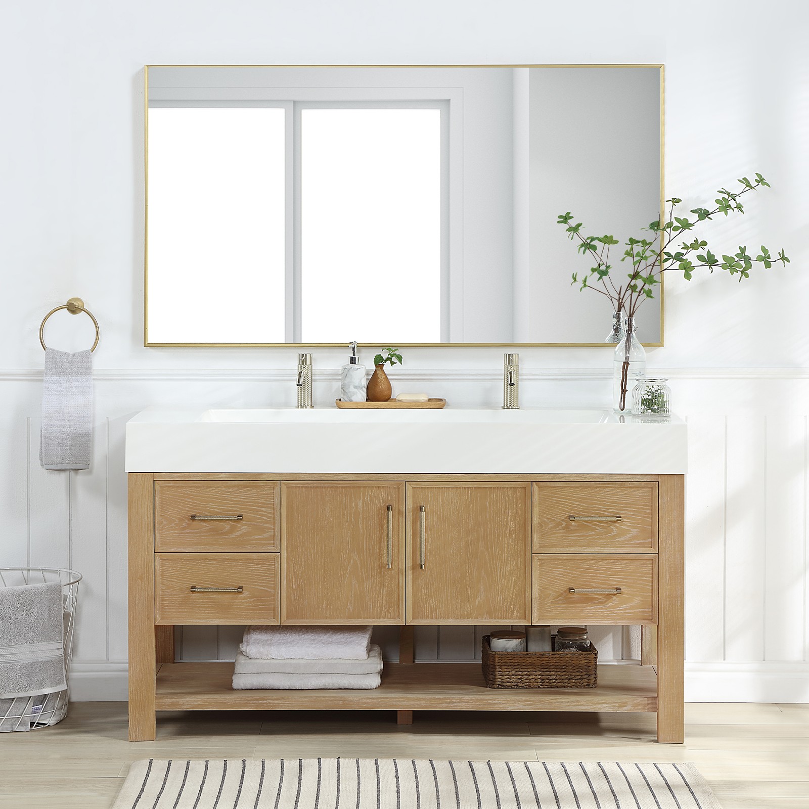 Vera 60″ Single Bath Vanity in Washed Ash Grey with White Integrated Stone Sink