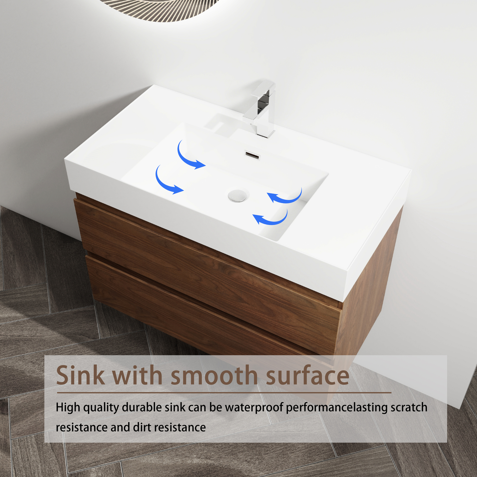 36 inch Bathroom Vanity Wall Mounted W/ Undermount Resin Sink + 2 Drawers Brown