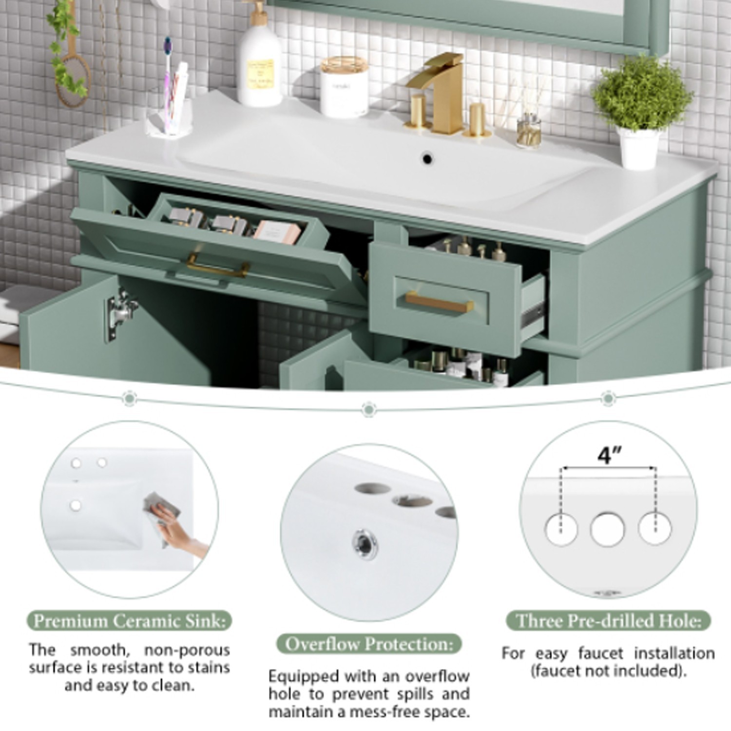 36”W Modern Bathroom Vanity Light Green Vanity For Bathroom With Three Drawers