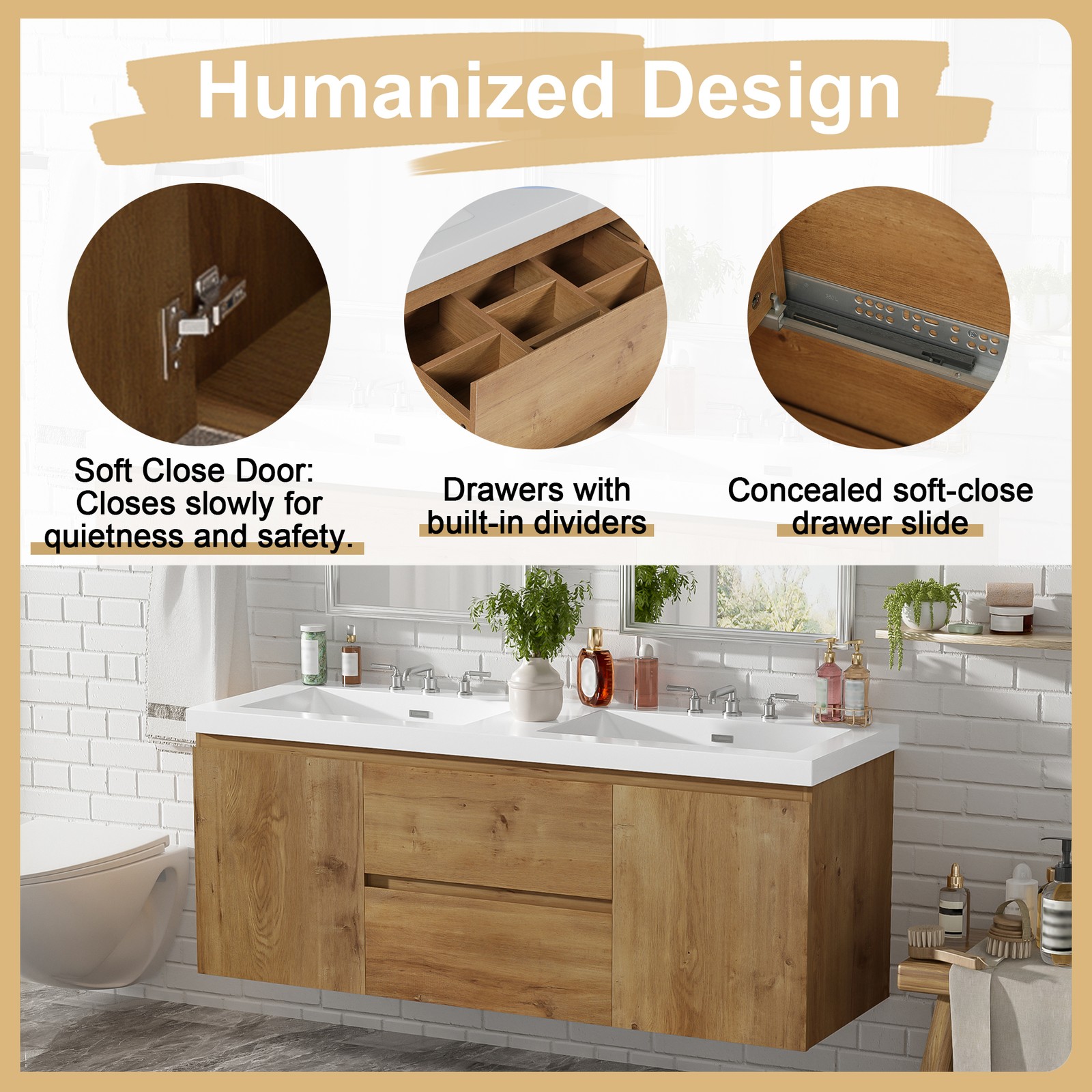 59.3″ Wall-Mounted Double Sink Bathroom Vanity with SMC Top, MDF Cabinet Wood