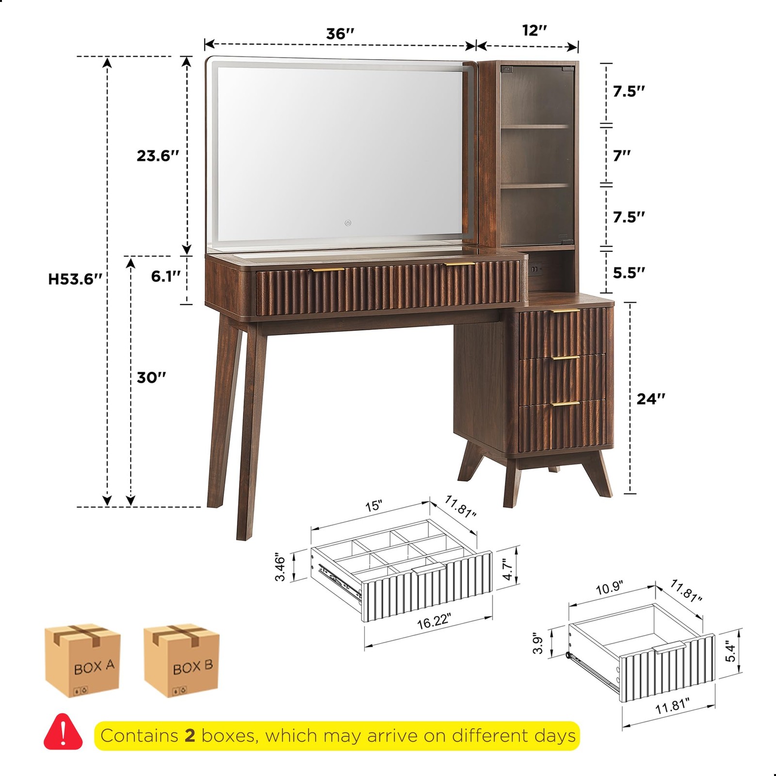 48in Fluted Vanity Desk 36in Mirror Lights Adjustable Shelves 5 Drawers