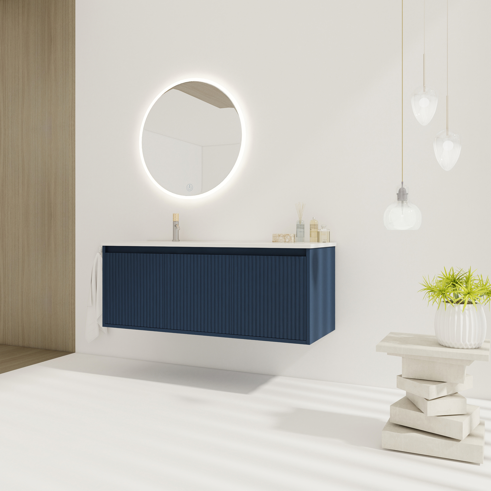 48″Plywood Bathroom Vanity Wall Mounted Cabinet Drop-Shaped Undermount Sink Navy