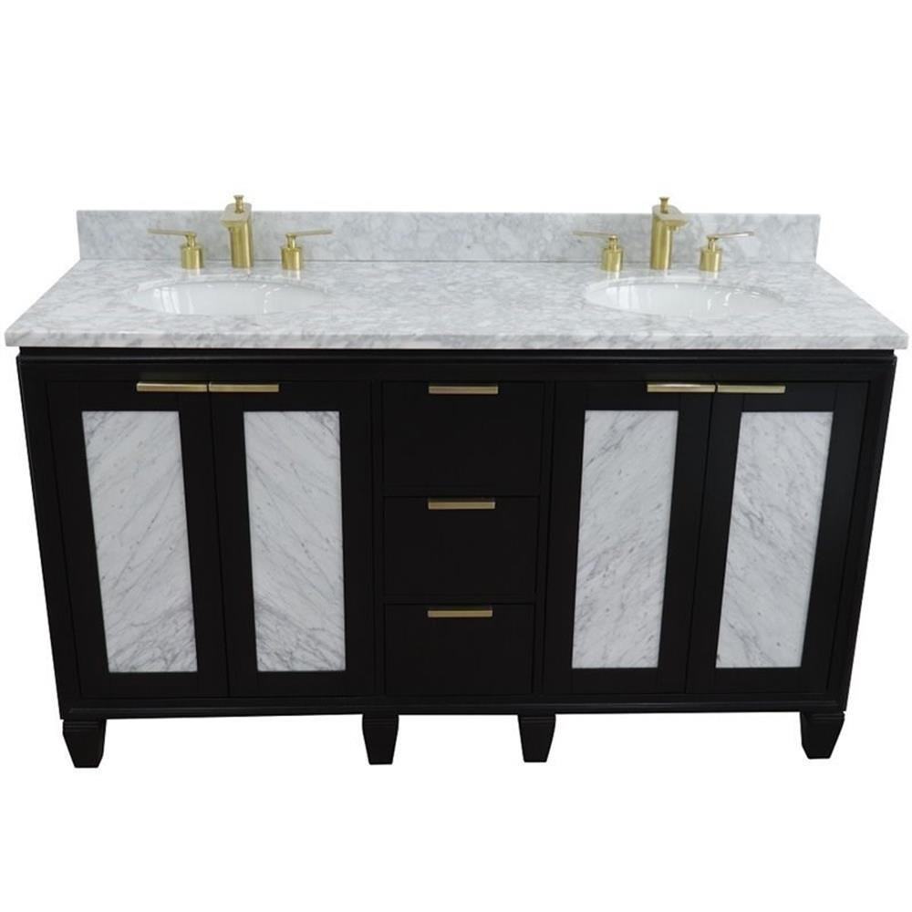 Pemberly Row 61″ Double Oval Sink Solid Wood Vanity in Blue/White Carrara