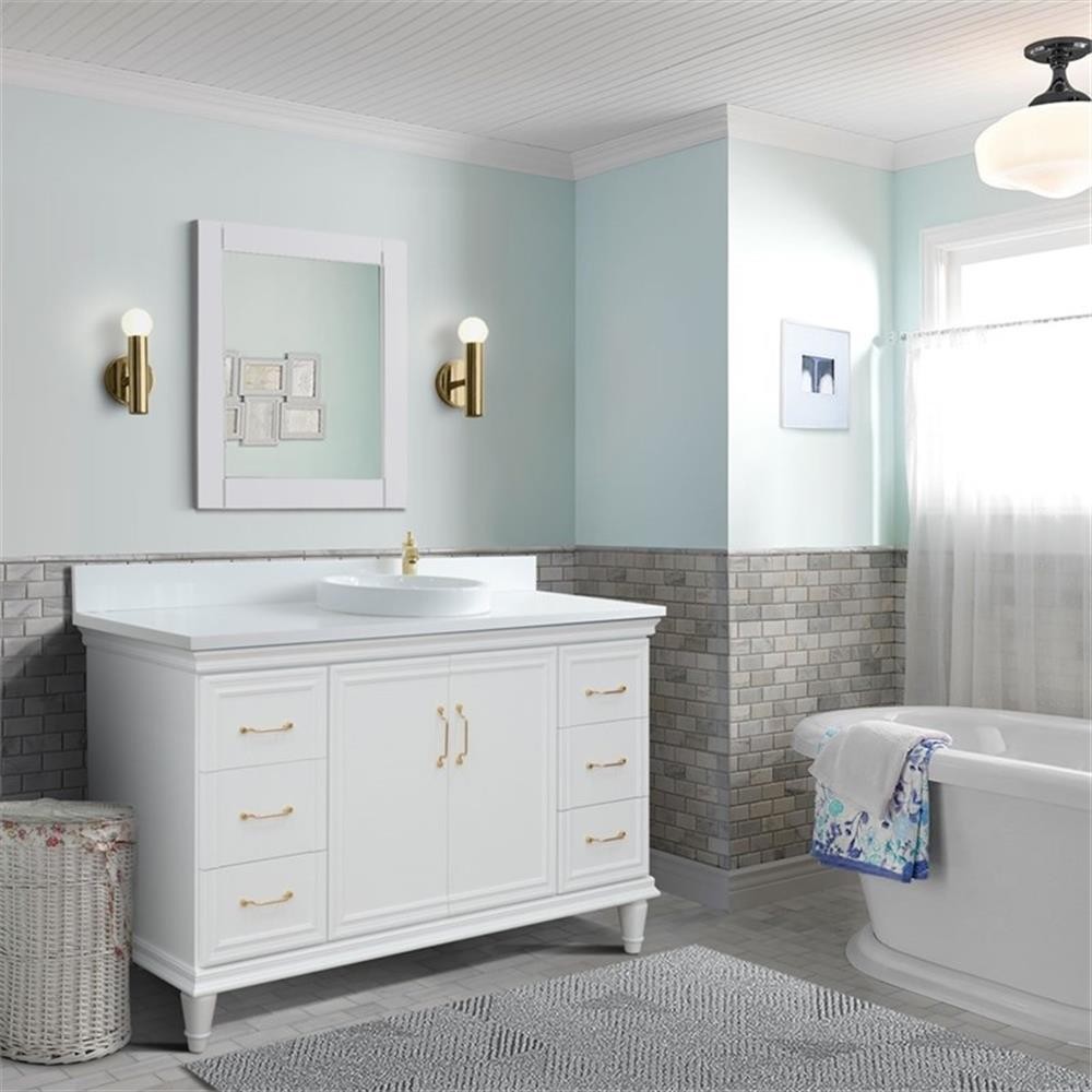 61 in. Single Wooden Vanity White with White Quartz Round Sink