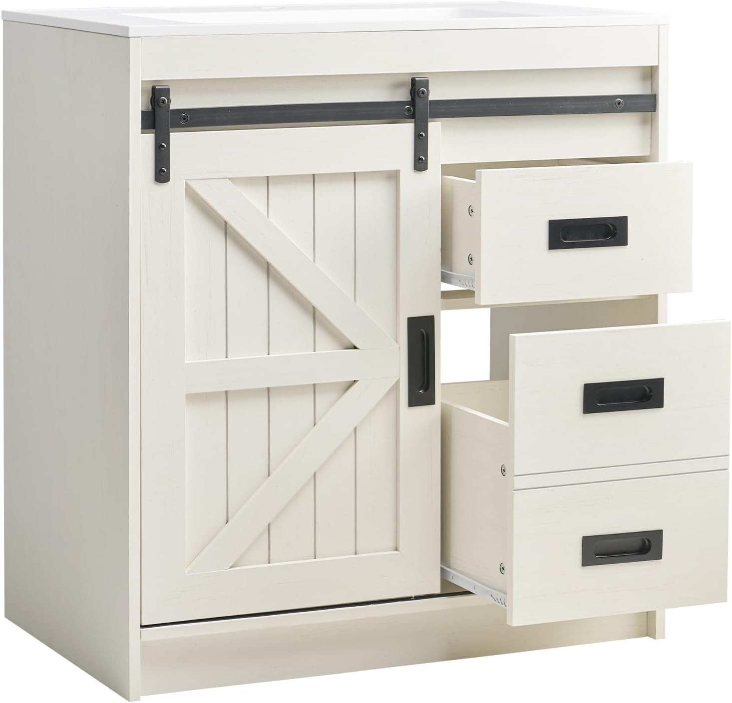 31″ Farmhouse Bathroom Vanity with Sink, Sliding Barn Door, Antique White