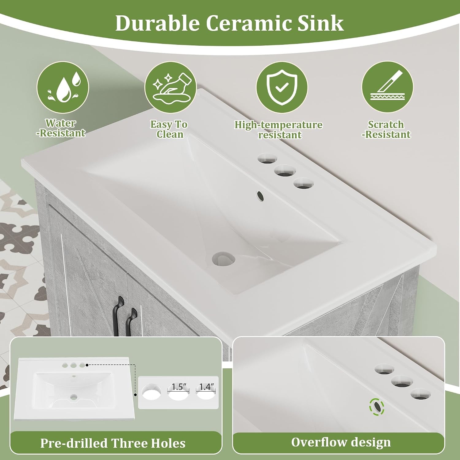 30 in Vanity with Ceramic Sink Bathroom Vanity with 2 Door and 1 Drawer Cabinet