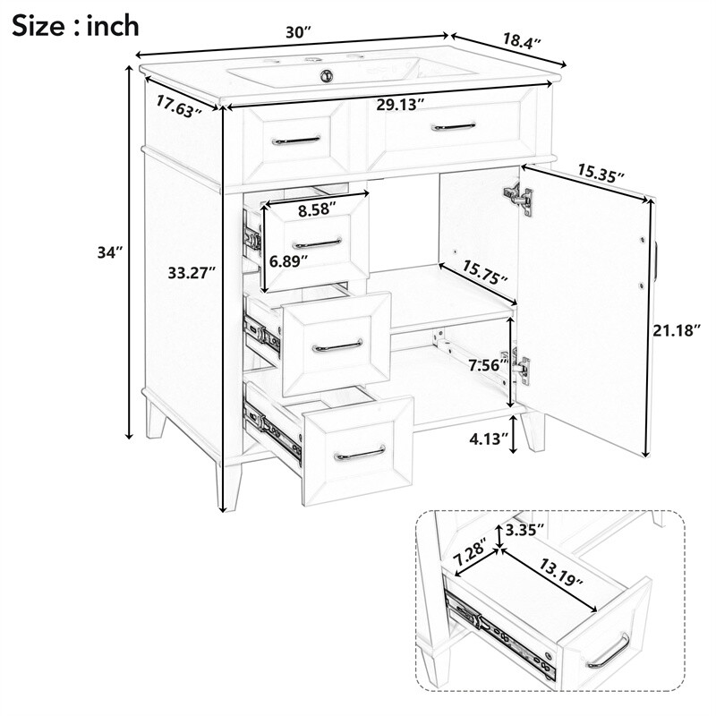 30in White Bathroom Vanity with Ceramic Freestanding Cabinet w/Door & 3 Drawers