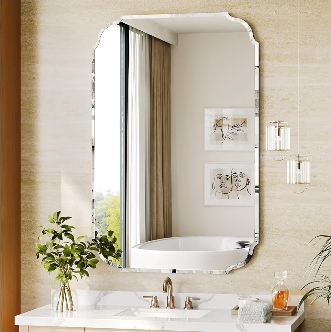 Beveled Scalloped Frameless Bathroom Mirror, 24″ x 36″ Beveled Bathroom Mirrors