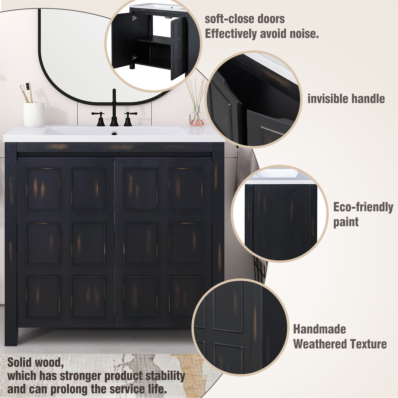 36″ Bathroom Vanity w/ Sink, Freestanding Vanity Storage Cabinet, 2 Doors, Shelf
