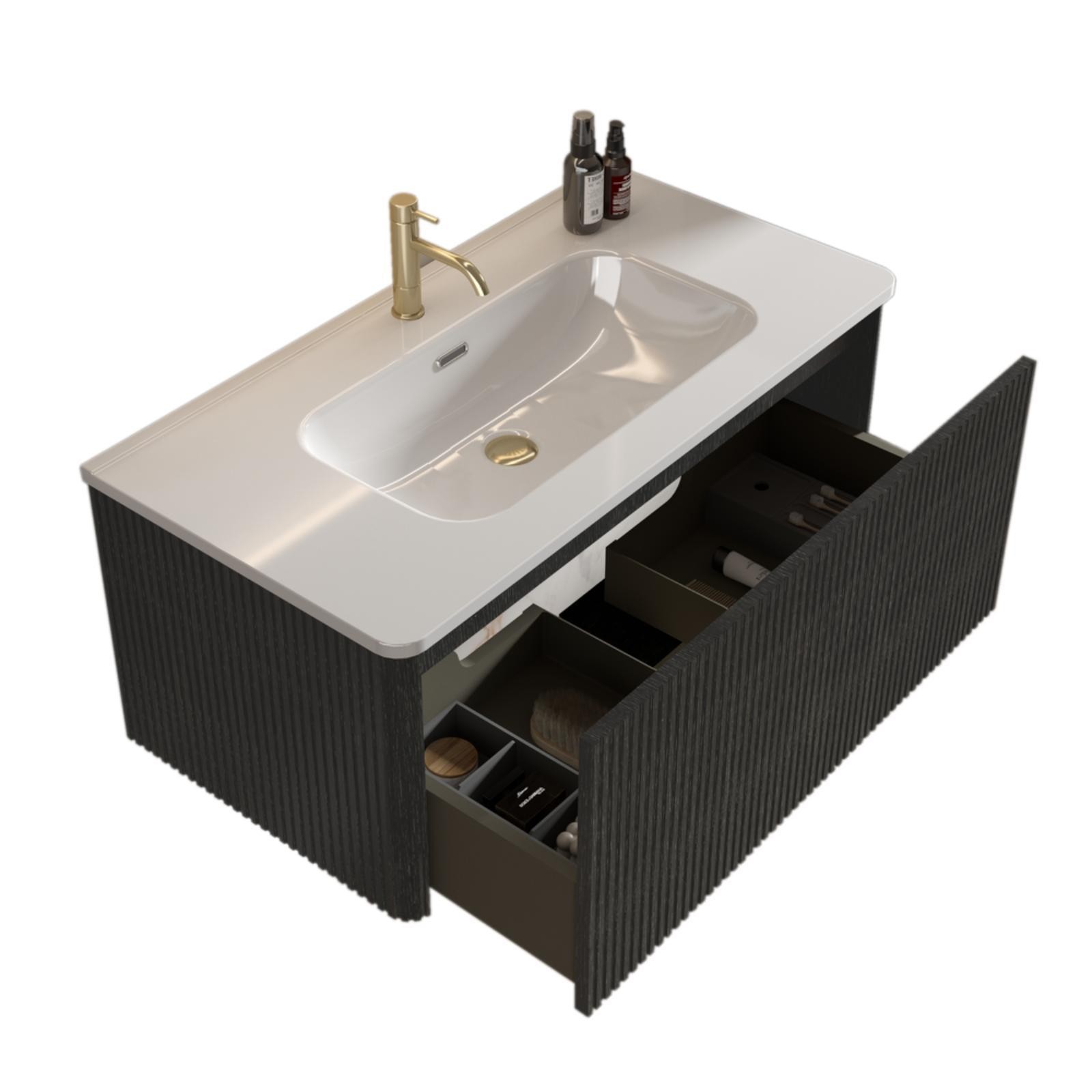 Pre-Assembled Floating Bathroom Vanity, 36-Inch Brushed Black Oak with Push