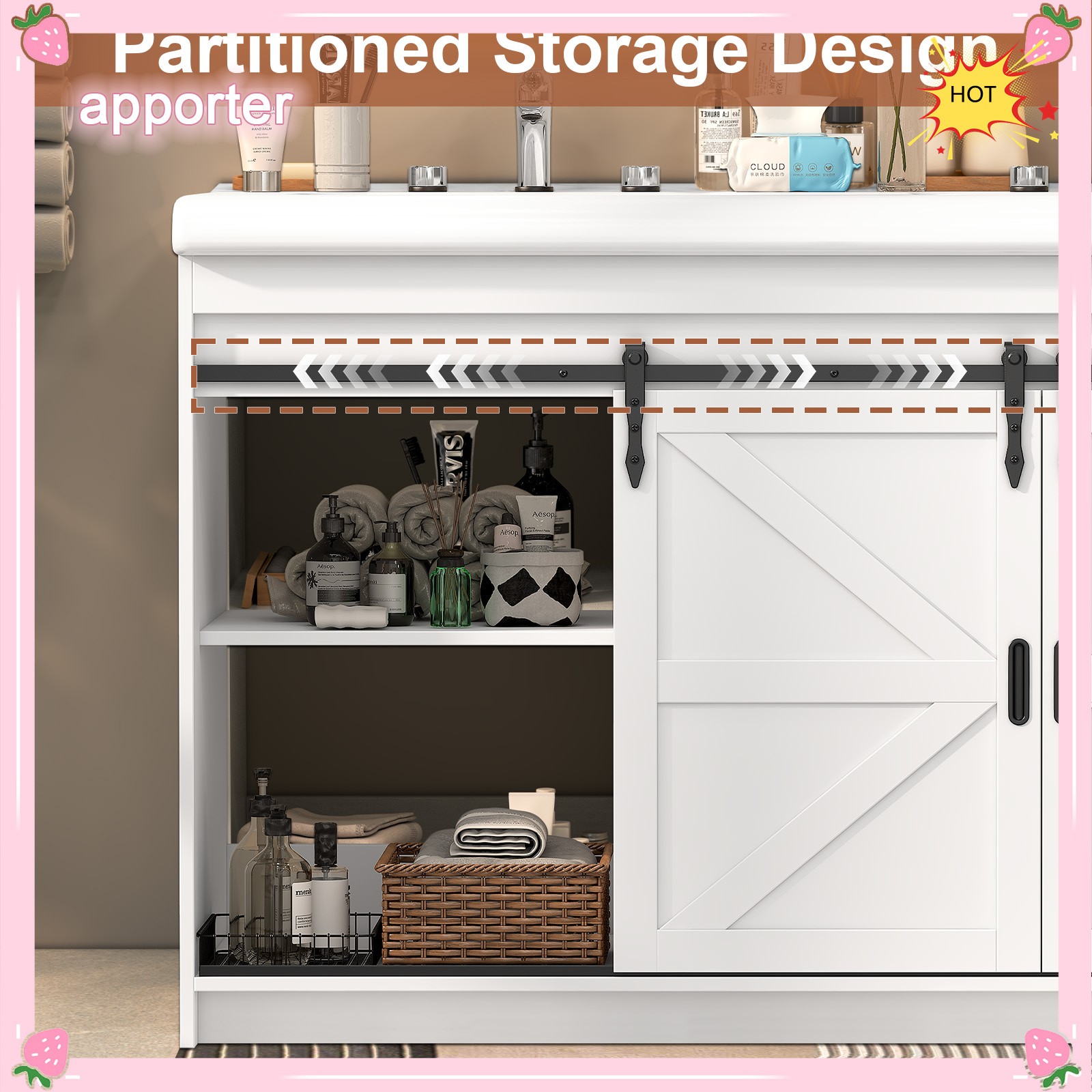 Yamissi Double Bathroom Vanity Cabinet Ceramic Sink with Sliding Doors 2 Drawers