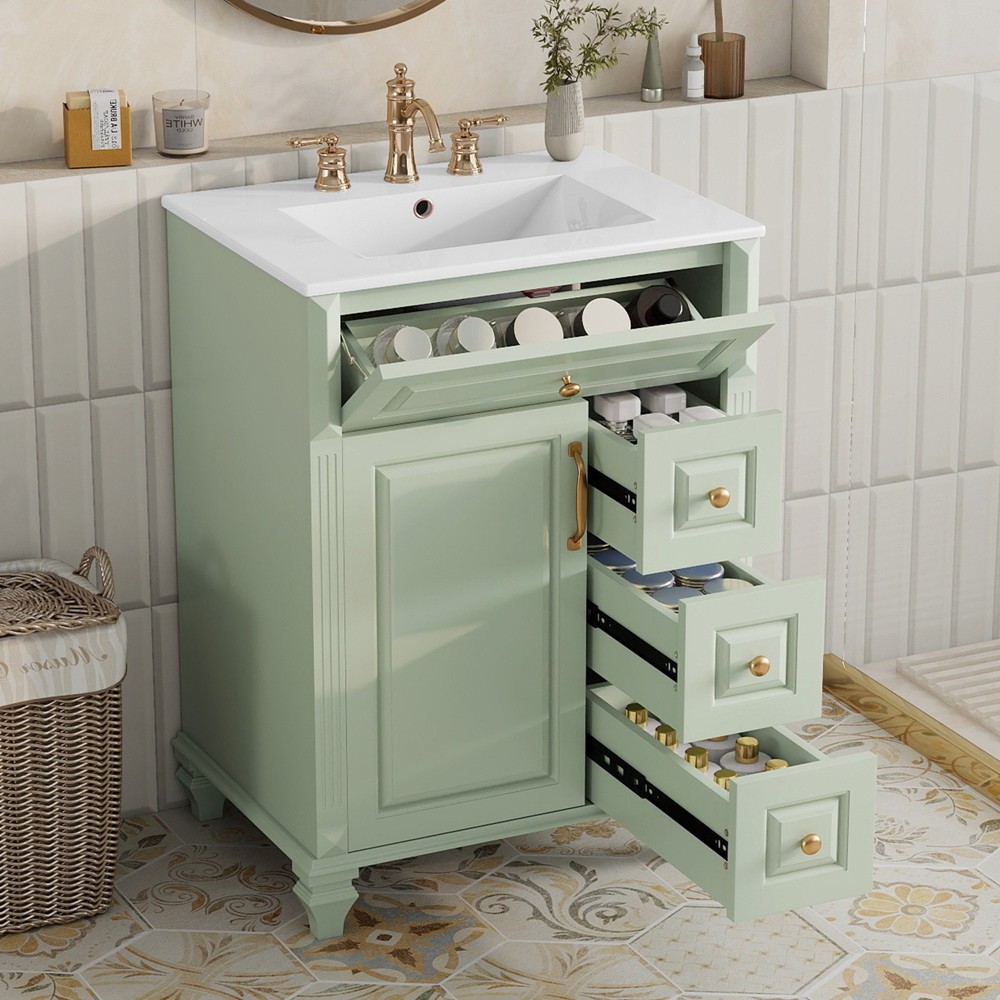 24″ Bathroom Vanity with Sink, Freestanding Vanity Storage Cabinet, 3 Drawers