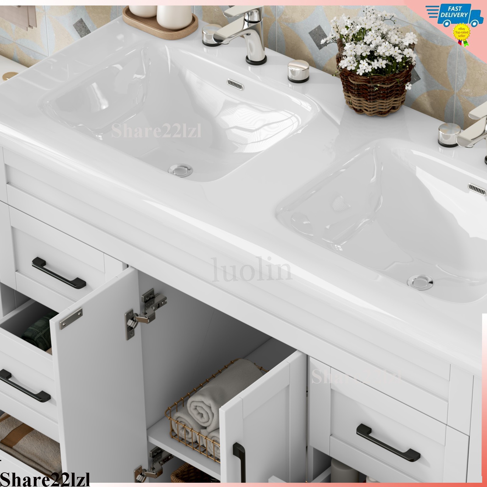 47″ Bathroom Vanity Cabinet White Freestanding Drawers with Double Sink Ceramic