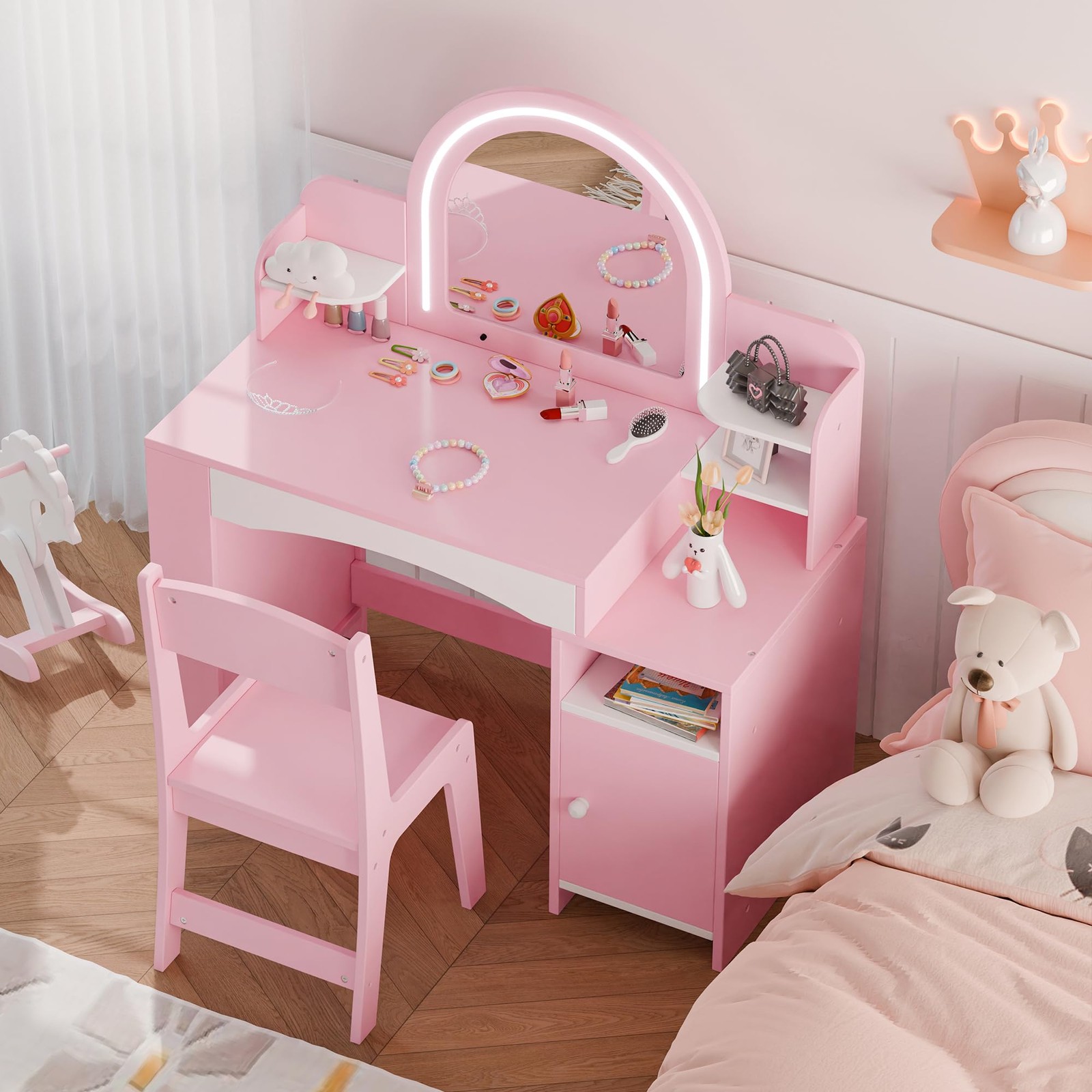 Kids Vanity Lights Princess Makeup Desk 2in1 Table Chair Set Lighted Mirror Pink