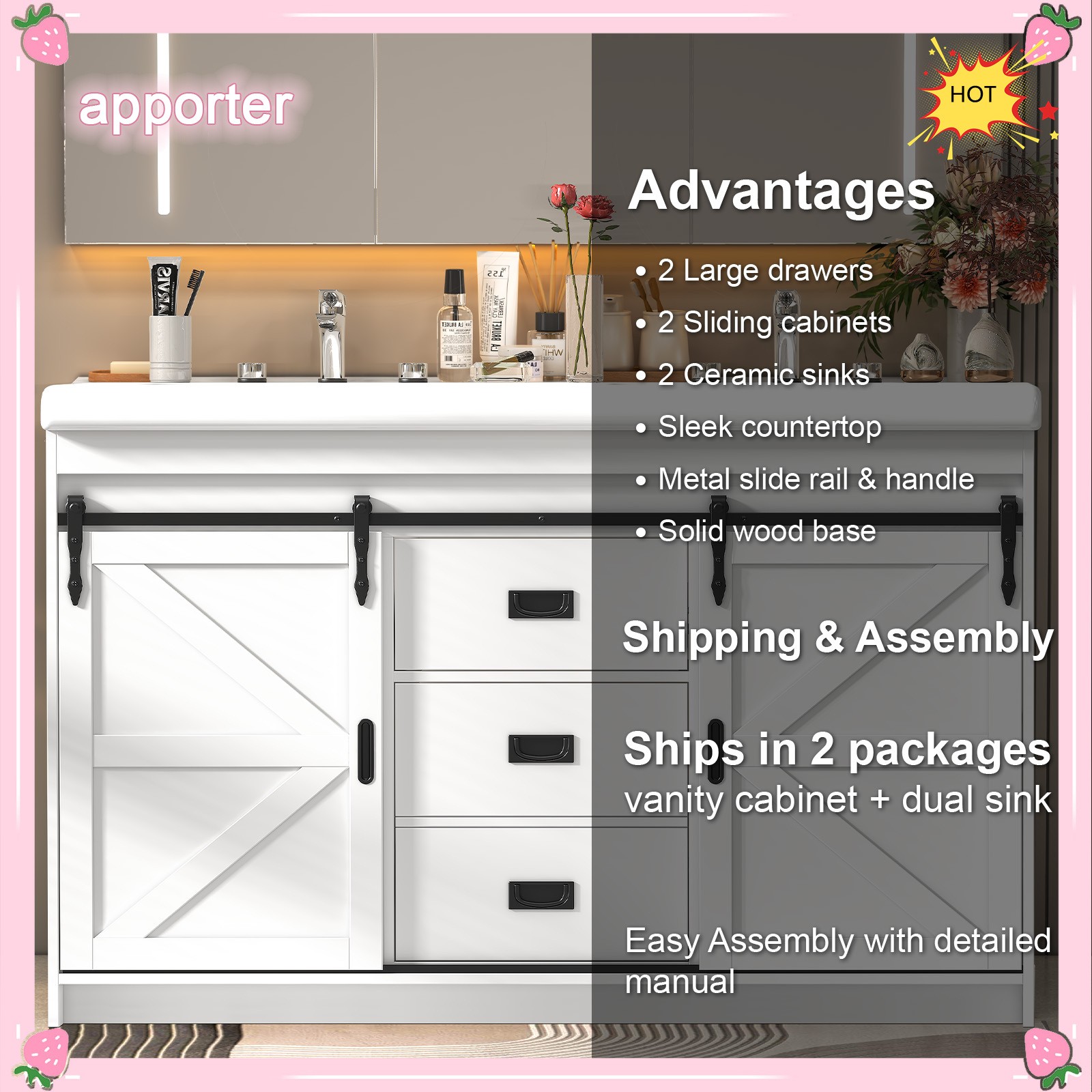 Yamissi Double Bathroom Vanity Cabinet Ceramic Sink with Sliding Doors 2 Drawers
