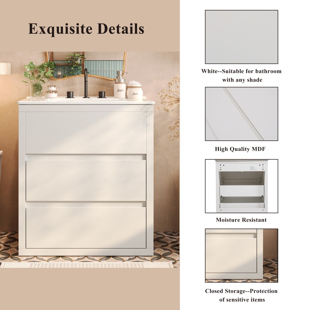 30″ Bathroom Vanity w/Ceramic Sink & 2 Drawers Freestanding Bathroom Vanity