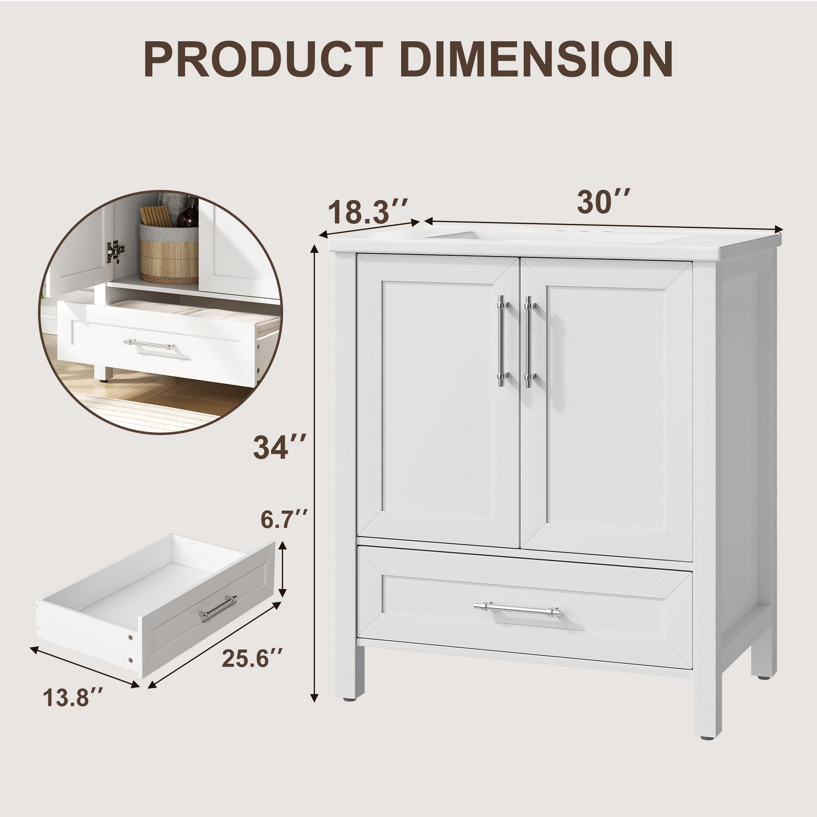 Vintage Style Freestanding Wooden Bathroom Cabinet In 24/30 Inch Size, Farmhouse