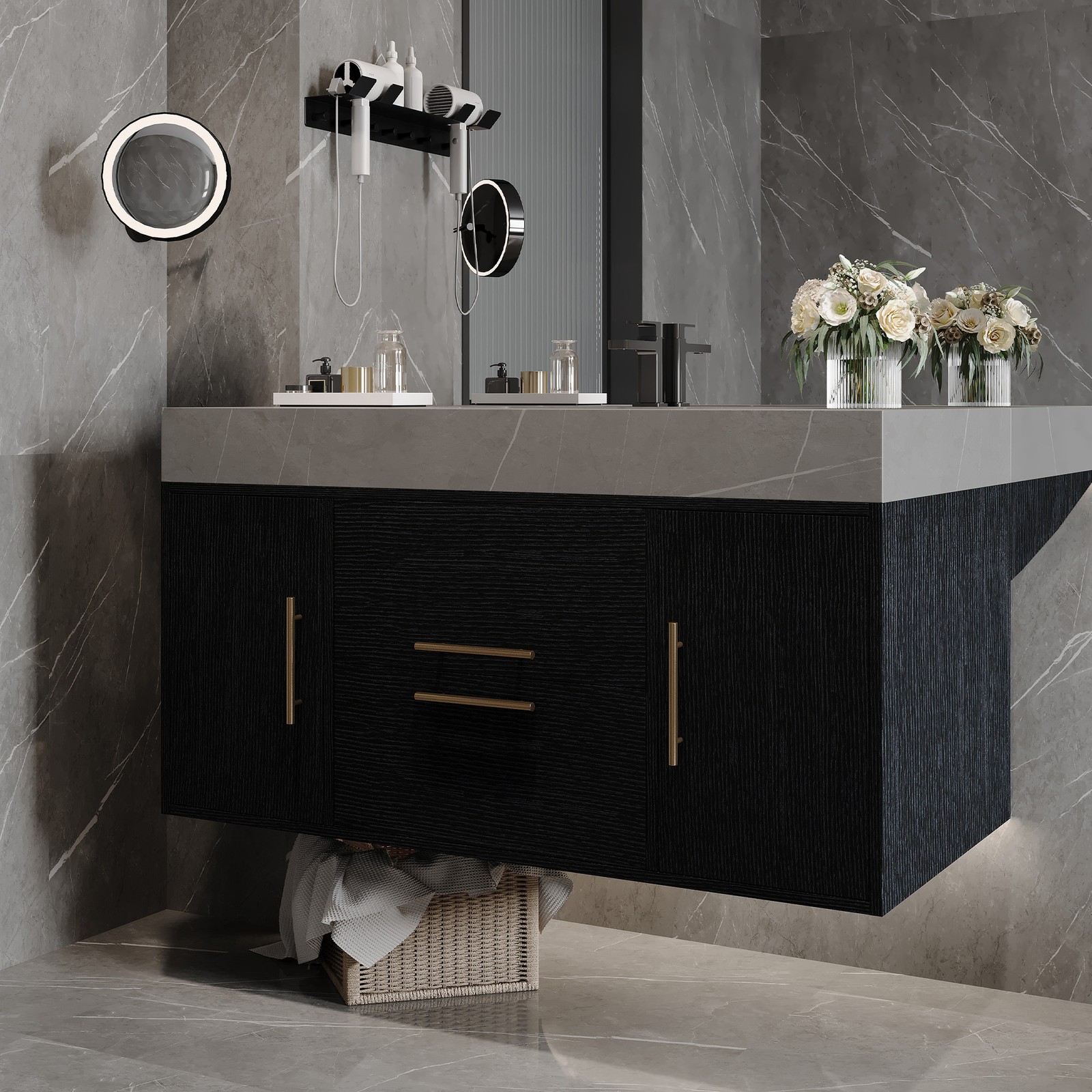 Floating Bathroom Vanity w/Faux Marble Top,Ceramic Sink, Wood Storage Cabinets