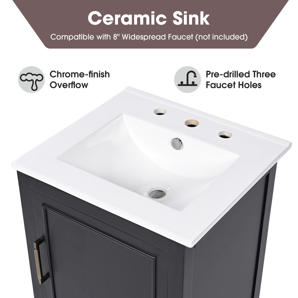20″ Black Bathroom Vanity with Ceramic Sink Solid Wood MDF Cabinet