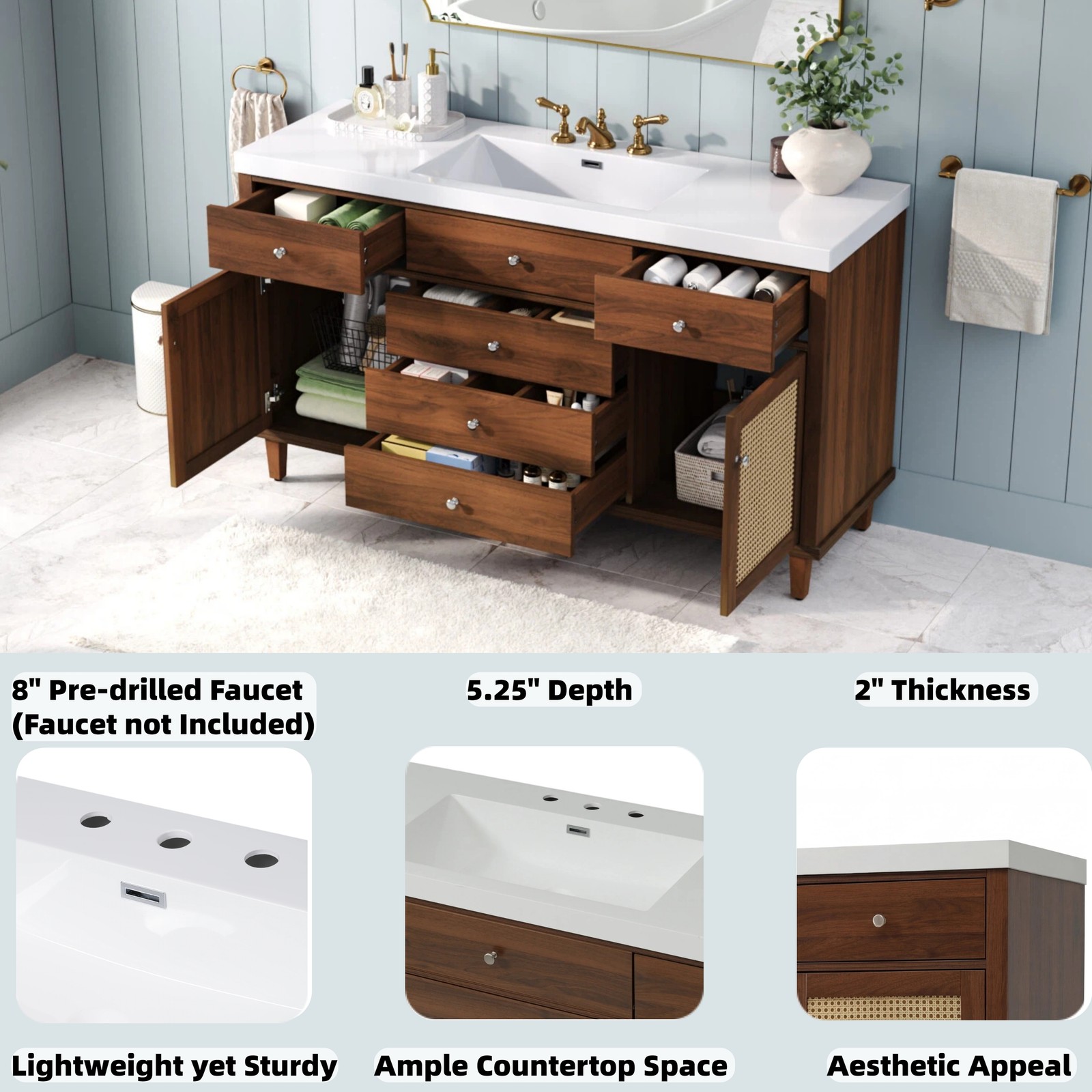 60″ Bathroom Vanity with SMC Sink, Brown, Soft Close Drawers & Rattan Doors