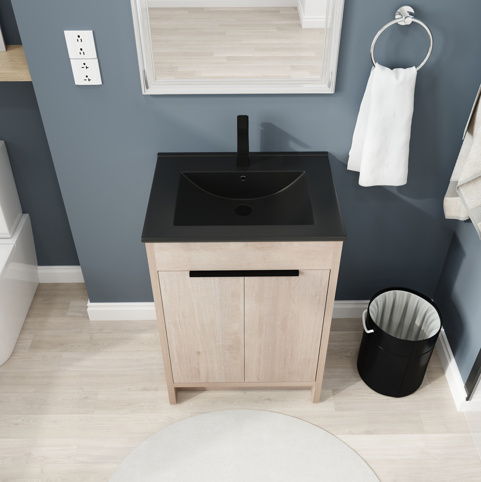 24″Wooden Floor Free Standing Bathroom Vanity Black Sink Cabinet For Small Space