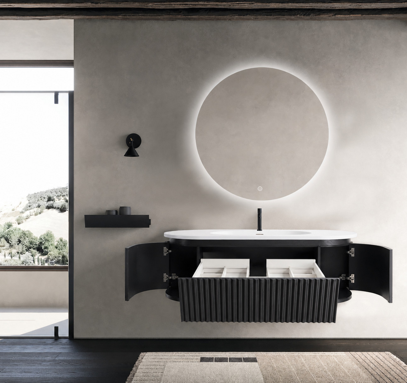 Elegant Modern Floating Vanity & LED Mirror Set – Matte Black Oak Finish – 55.1″